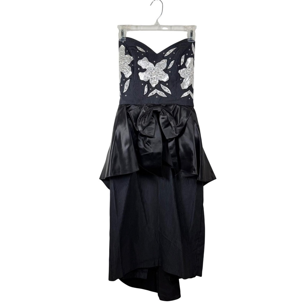VTG Black Strapless dress peplum bow 80s floral beaded autumn wedding cocktail